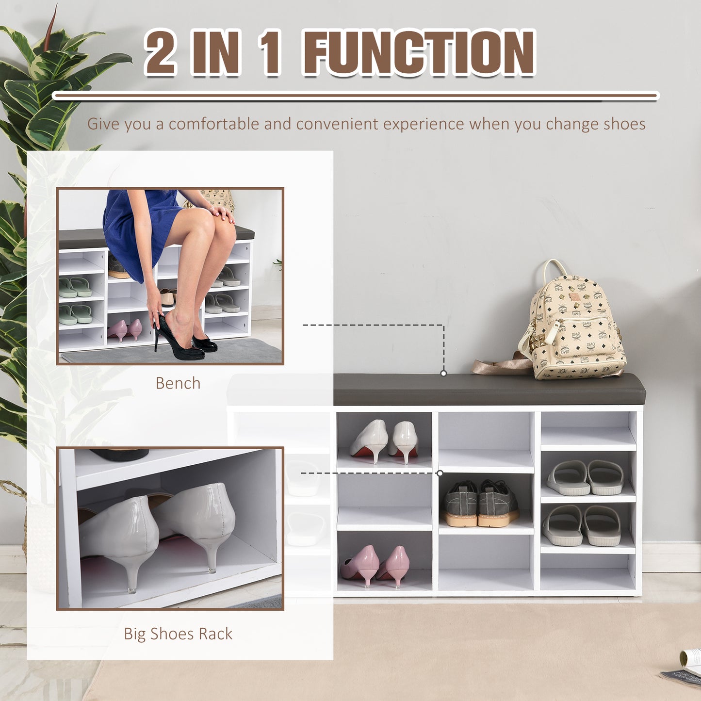 Noro Wooden White Multi Compartment Shoe Rack With Grey Cushion