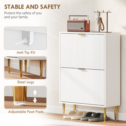 Baviva Wooden White Elegant 2 Drawer Shoe Cabinet Ribbed Design