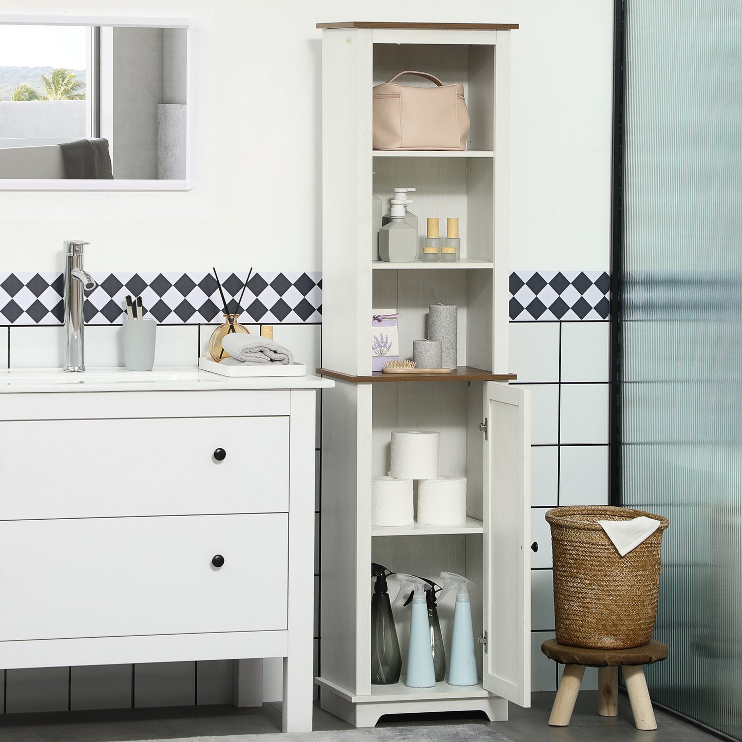 Nesoli Tall Bathroom Storage Cabinet With Door And Adjustable Shelves White 39.5x30x160cm