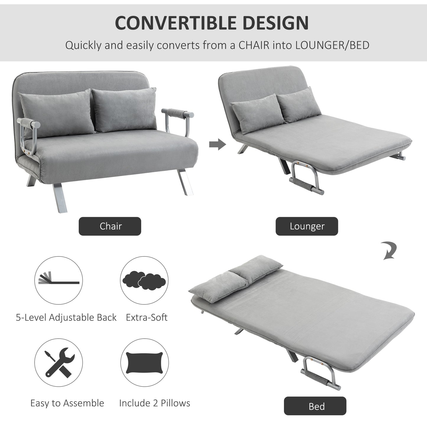 Nilara Light Grey 2 Seater Click Clack Sofa Bed Silver Metal Legs