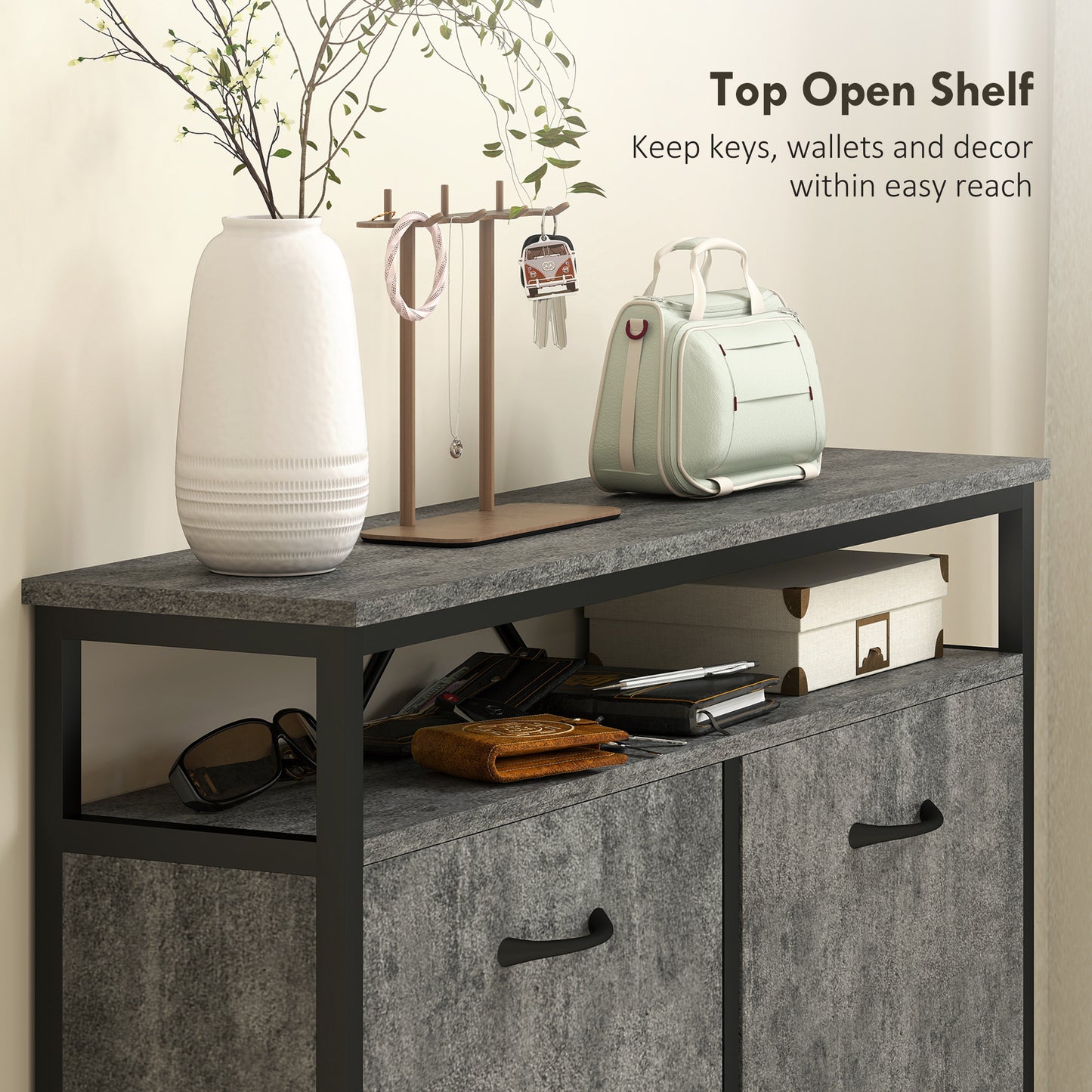 Verala Wooden Cement Effect Grey Shoe Cabinet With 4 Flip Drawers And Shelf