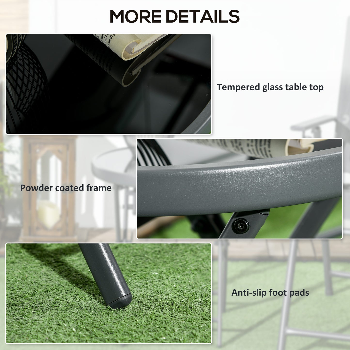 Laparo Metal And Glass Black Folding Outdoor Side Table 45cm With Marble Effect Top