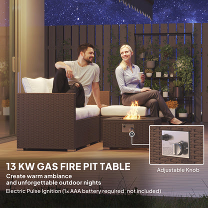 Dirone Rattan Brown And Cream 4 Seater Garden Furniture Set With Gas Fire Pit Table And Footstool