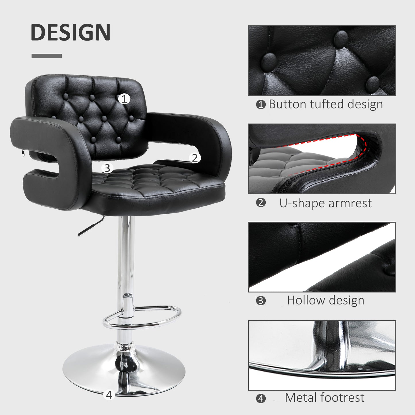 Hafi Rino Faux Leather Black Adjustable Swivel Bar Stools Set Of 2 With Back And Arm Support