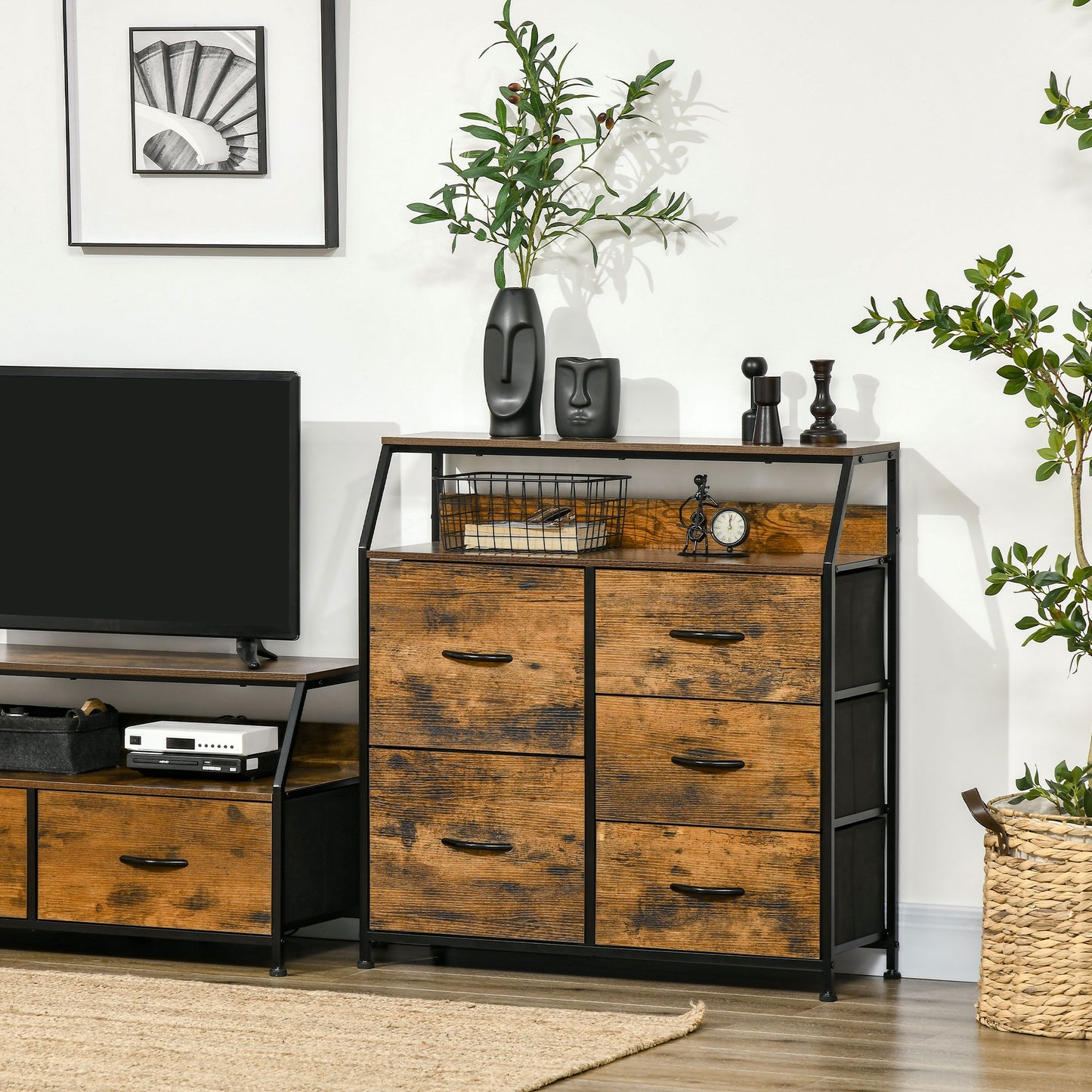 Rasozi Metal And Fabric Rustic Brown 5 Drawer Industrial Storage Chest With Shelf Shelf