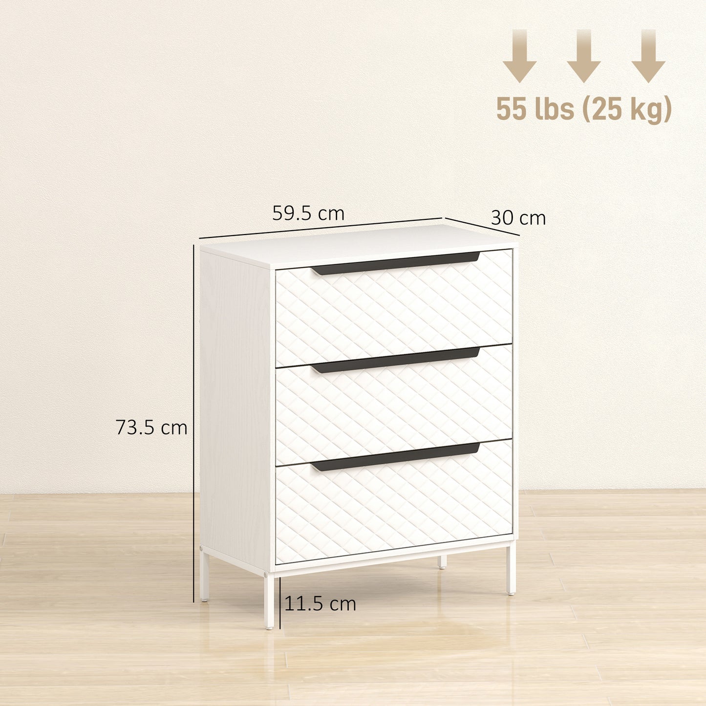 Kakara Metal White 3 Fabric Drawer Storage Dresser