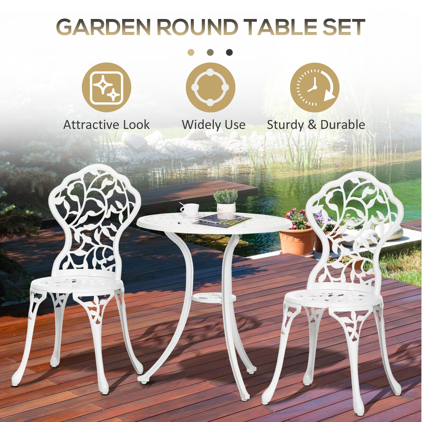 Karipa Cast Aluminium White 3 Piece Outdoor Floral Bistro Dining Set With Table And Chairs