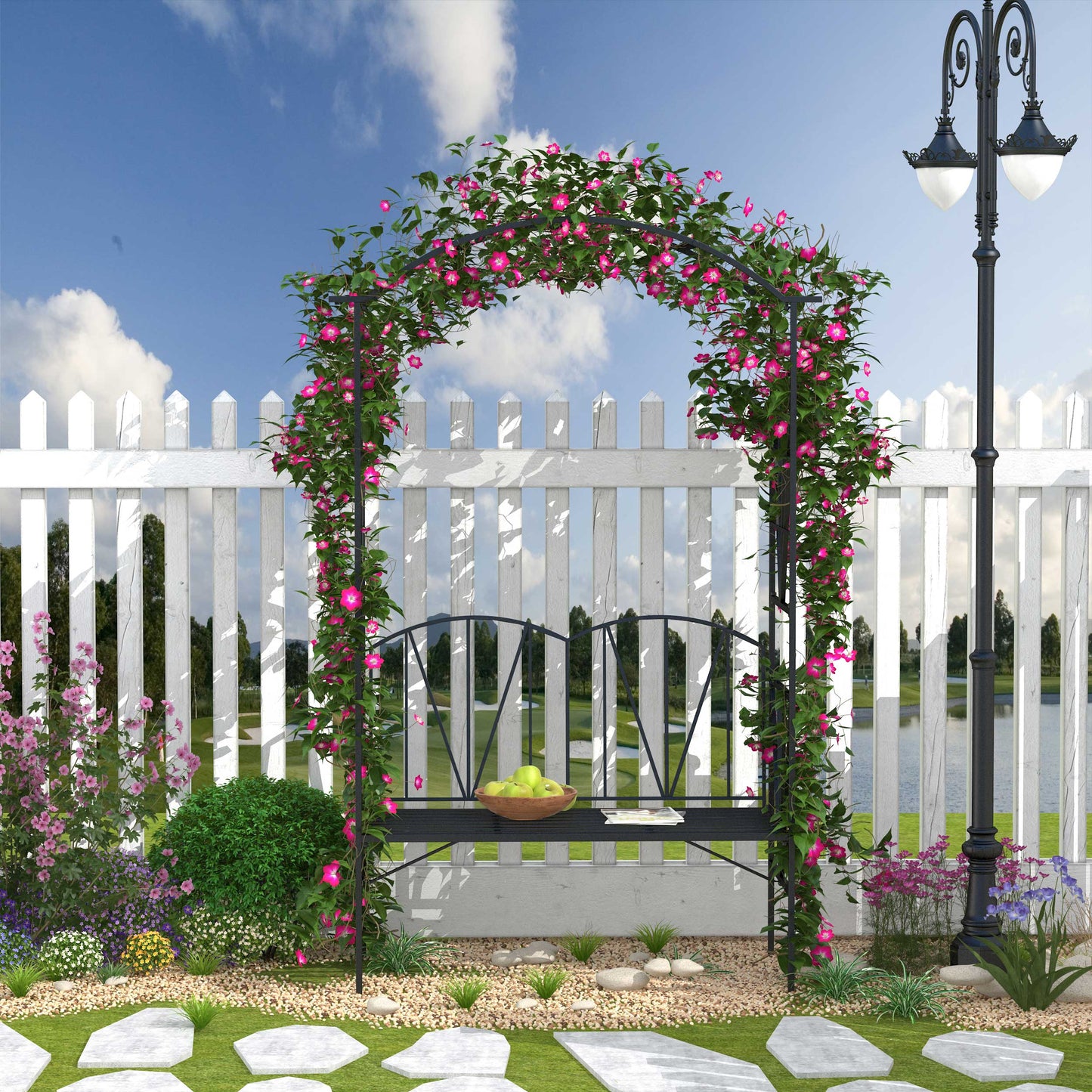 Sovemo Metal Black 2 Seater Garden Bench With Arch Back For Climbing Plants