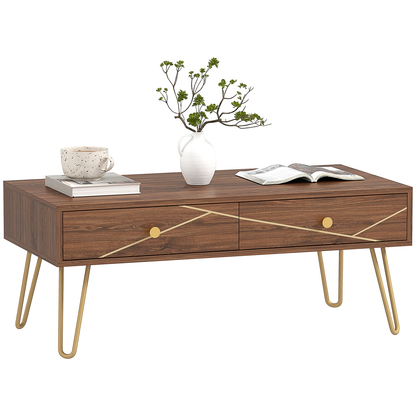 Susele Metal And Wooden Brown Rectangular Coffee Table With Drawers Gold Detail