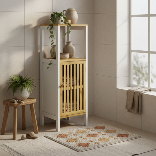 Liba Retro Bamboo Style Bathroom Storage Cabinet With Cut Out Detail