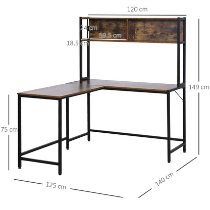 Monoba 140cm Mani Metal And Wooden Brown Industrial L Shaped Desk With Bookshelf