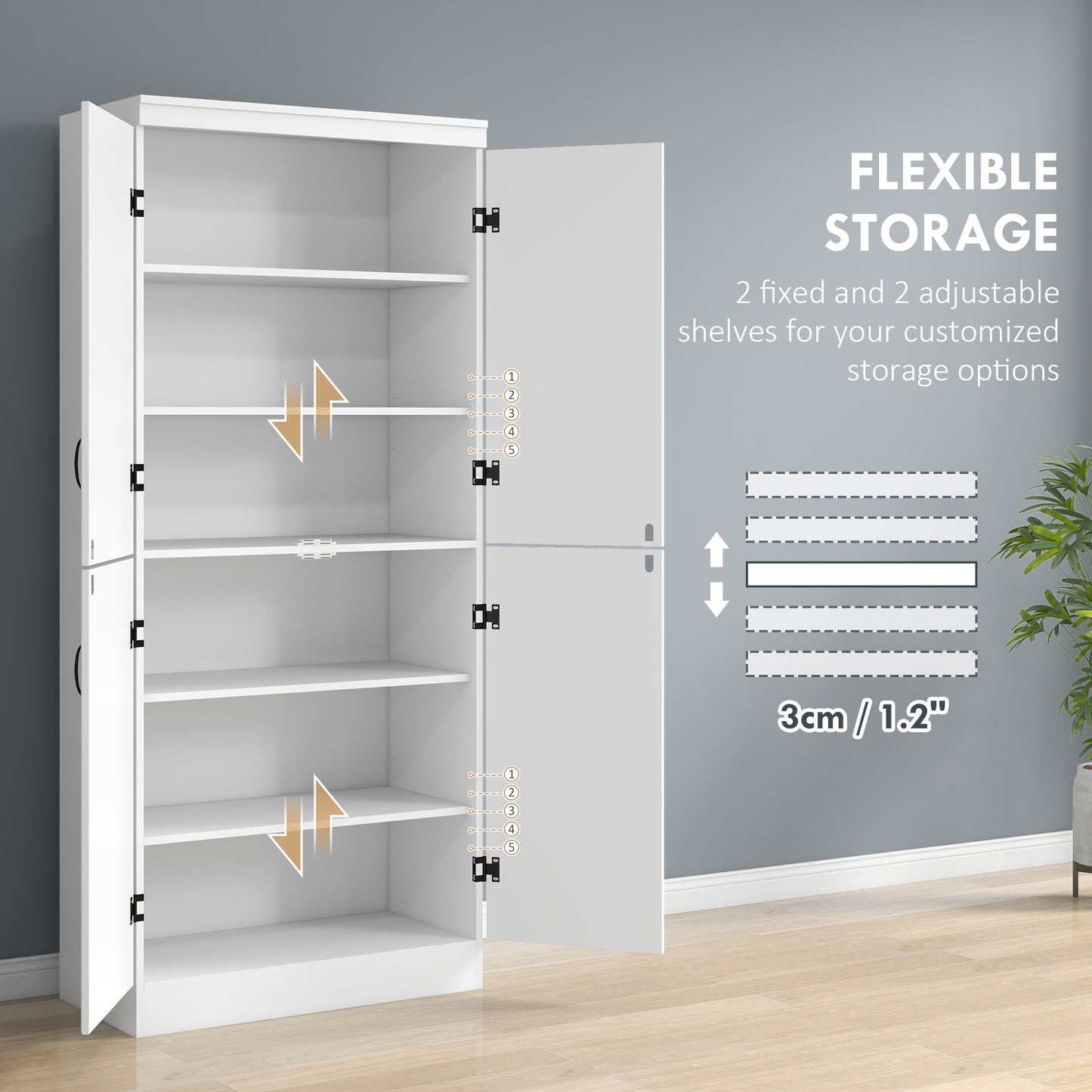 Nahado Wooden White 4 Door Tall Kitchen Cupboard With 6 Tier Storage And Adjustable Shelves