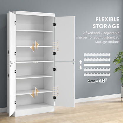 Nahado Wooden White 4 Door Tall Kitchen Cupboard With 6 Tier Storage And Adjustable Shelves