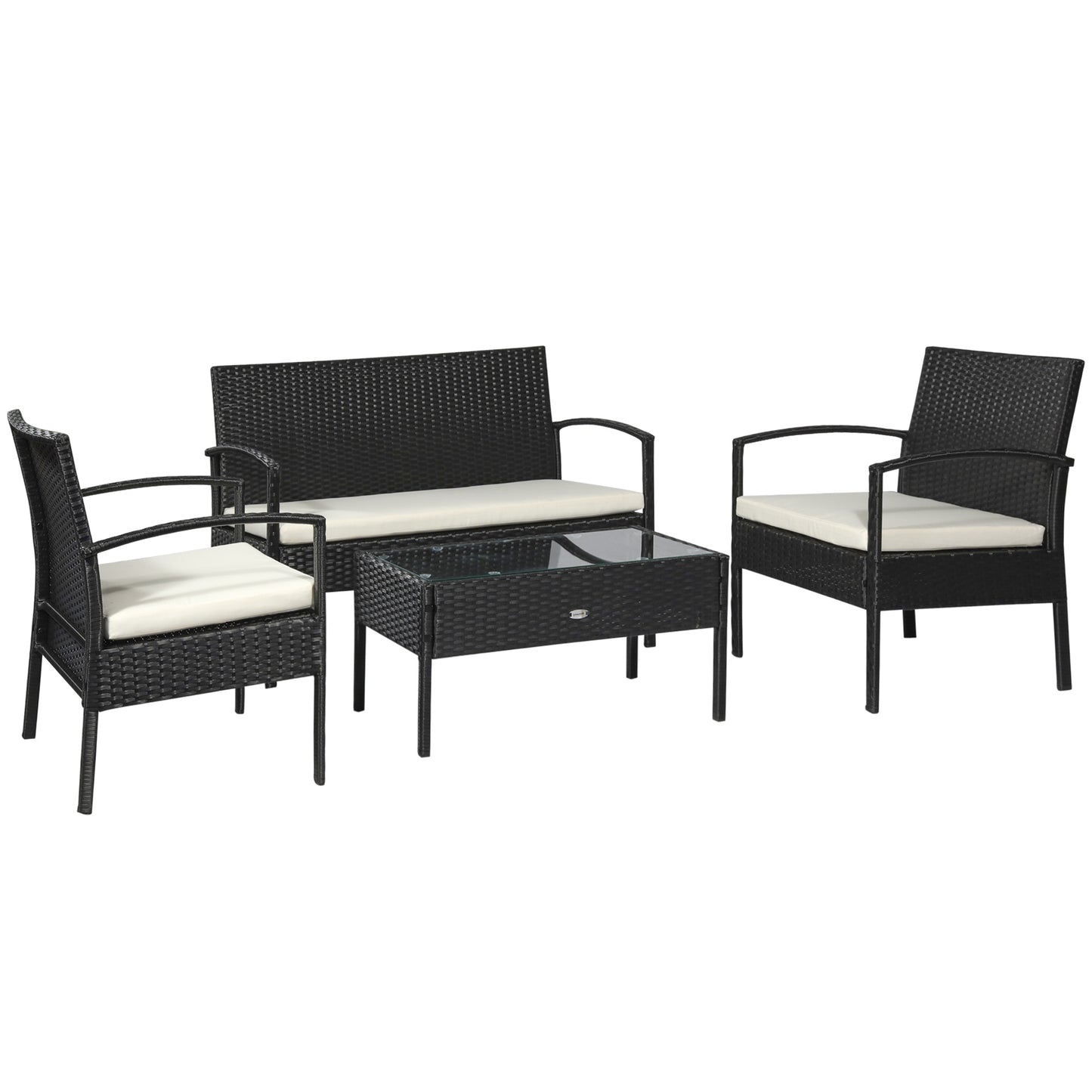 Vayono Rattan Black 4 Piece Garden Sofa Set With Loveseat 2 Armchairs and Glass Coffee Table
