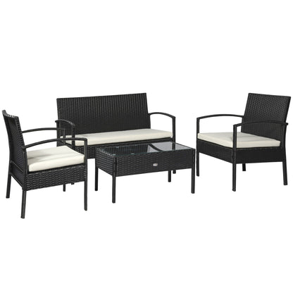 Vayono Rattan Black 4 Piece Garden Sofa Set With Loveseat 2 Armchairs and Glass Coffee Table
