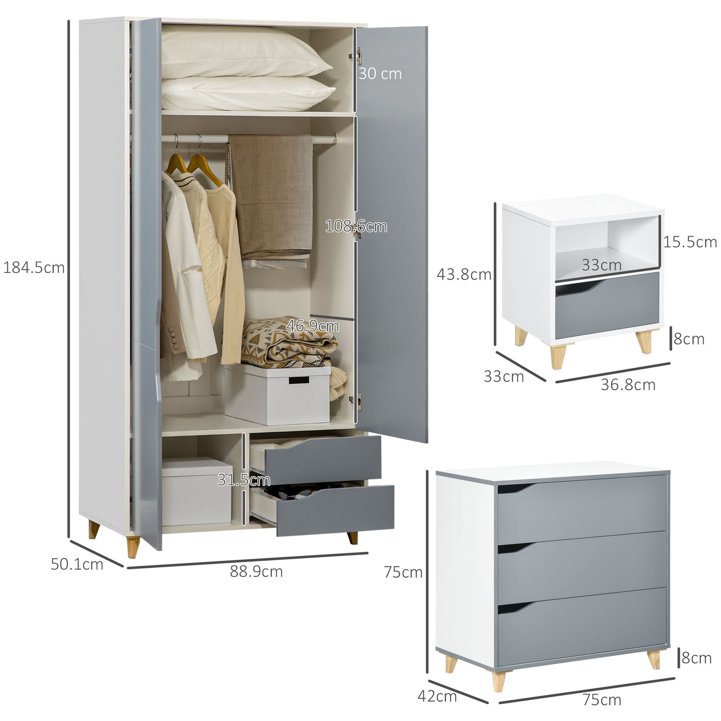 Demilia Grey And White Bedroom Furniture Set With Wardrobe 3 Drawer Chest And Bedside Table