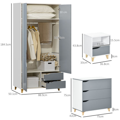 Demilia Grey And White Bedroom Furniture Set With Wardrobe 3 Drawer Chest And Bedside Table