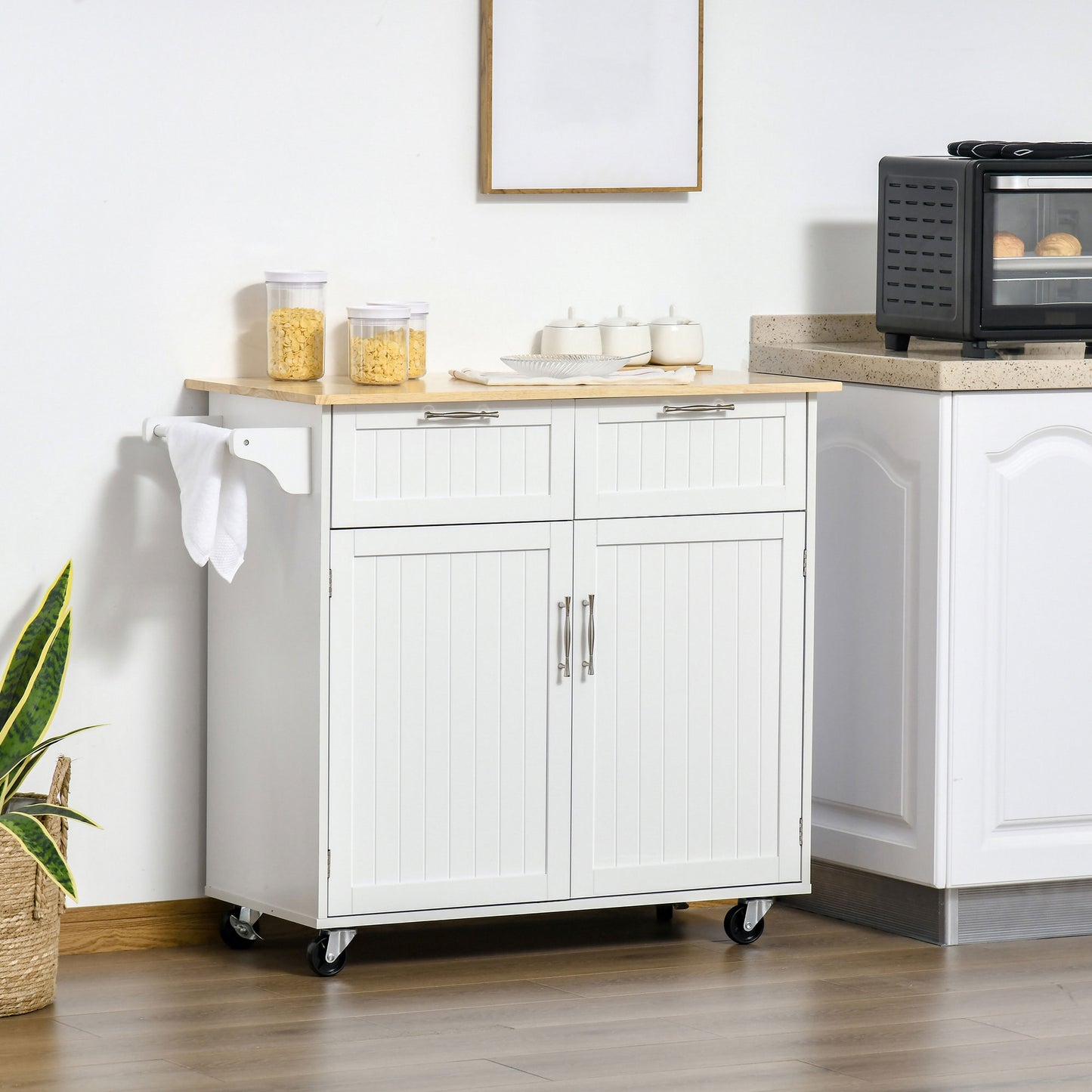 Nopaso Wooden White Kitchen Island With Drawers And Cupboards