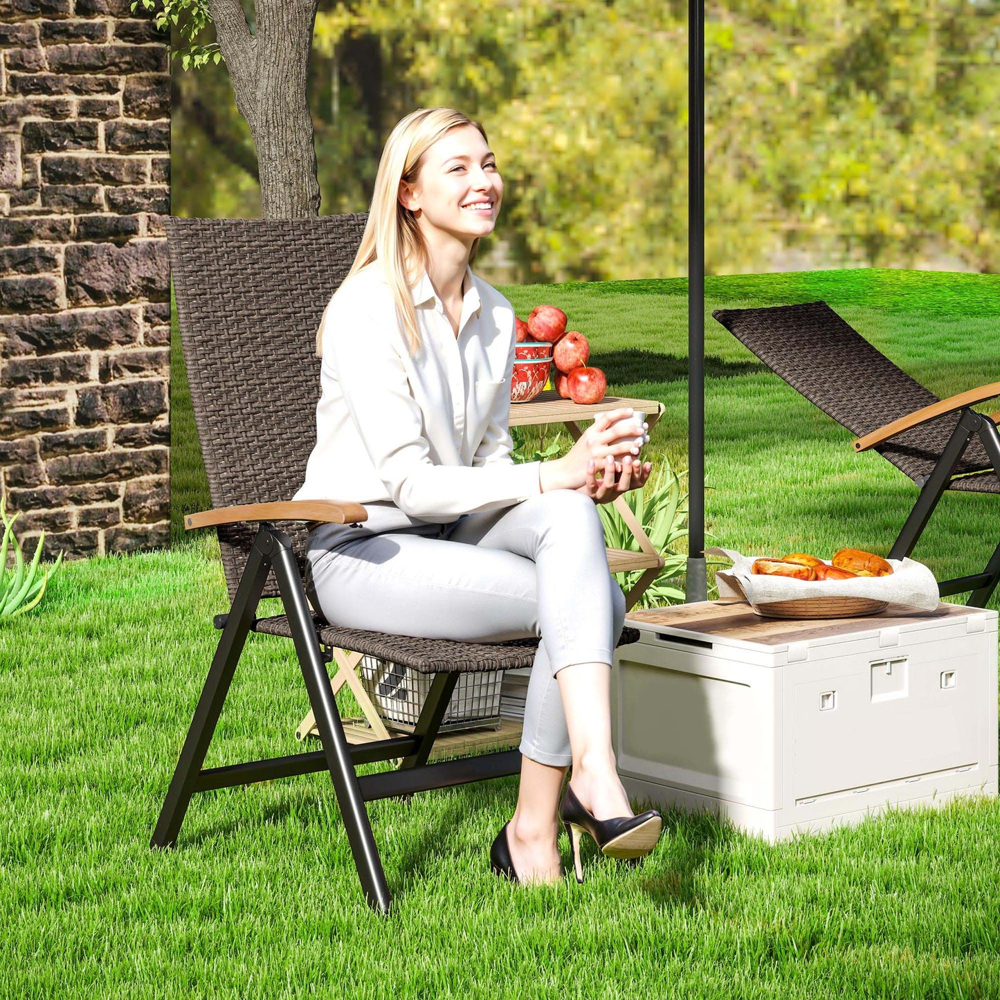 Halino Rattan Brown Folding Garden Dining Chair With 5 Position Reclining Back And Wooden Armrests