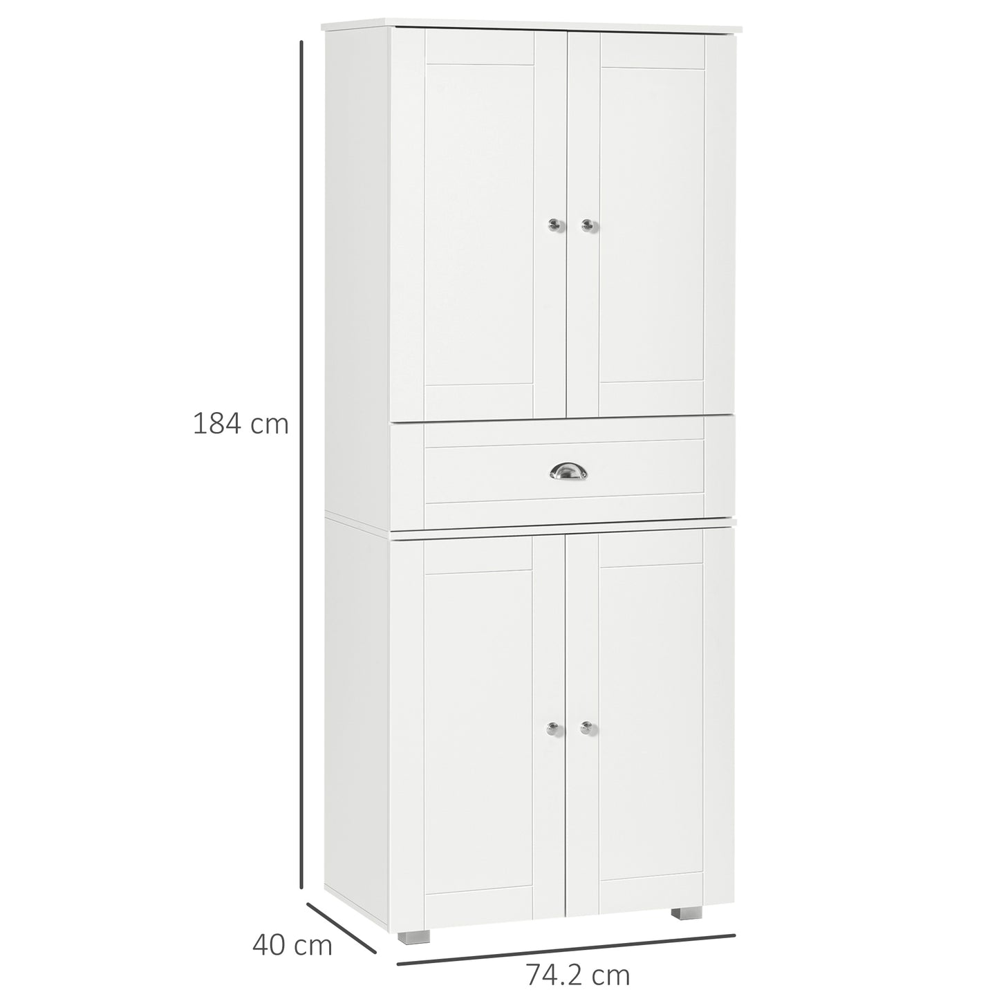 Soco Wooden White Tall Freestanding Kitchen Pantry Cabinet Adjustable Shelves And Drawers 184 cm