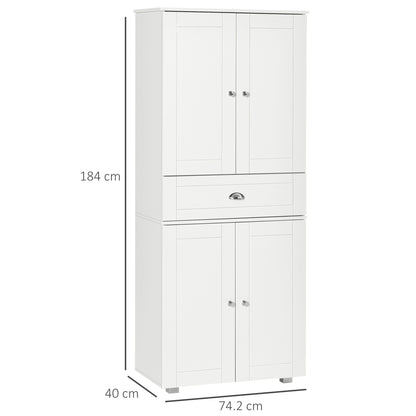 Soco Wooden White Tall Freestanding Kitchen Pantry Cabinet Adjustable Shelves And Drawers 184 cm