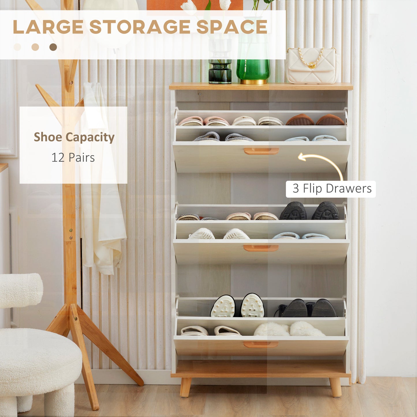 Romola Wooden White and Natural Slim Shoe Cabinet With 3 Flip Drawers For 12 Pairs