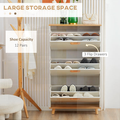 Romola Wooden White and Natural Slim Shoe Cabinet With 3 Flip Drawers For 12 Pairs