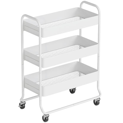 Saseta Sosa Metal White 3 Tier Rolling Utility Trolley With Mesh Baskets