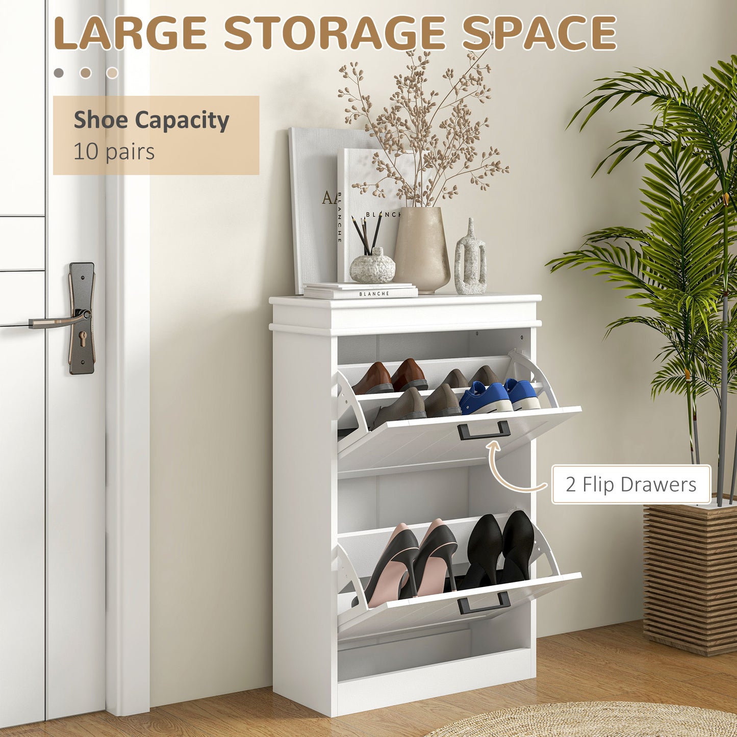 Bana Wooden White Minimal 2 Drawer Shoe Cabinet For 10 Pairs