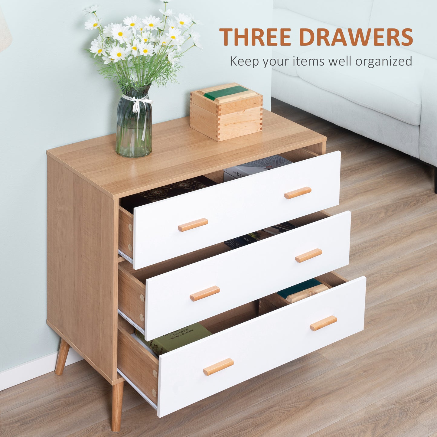 Elha Scandi White And Natural Wood 3 Drawer Storage Chest