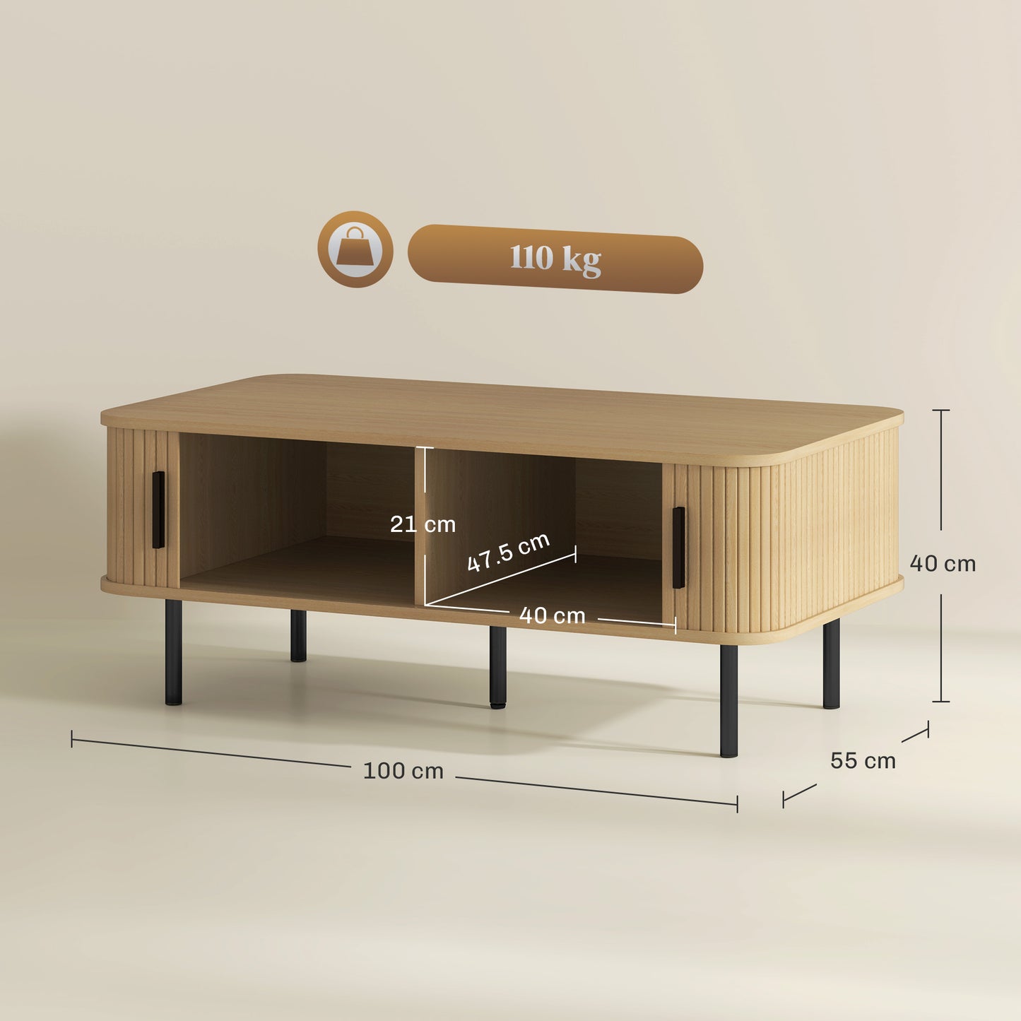 Lafi Wooden Oak Rectangular Coffee Table With Sliding Tambour Doors