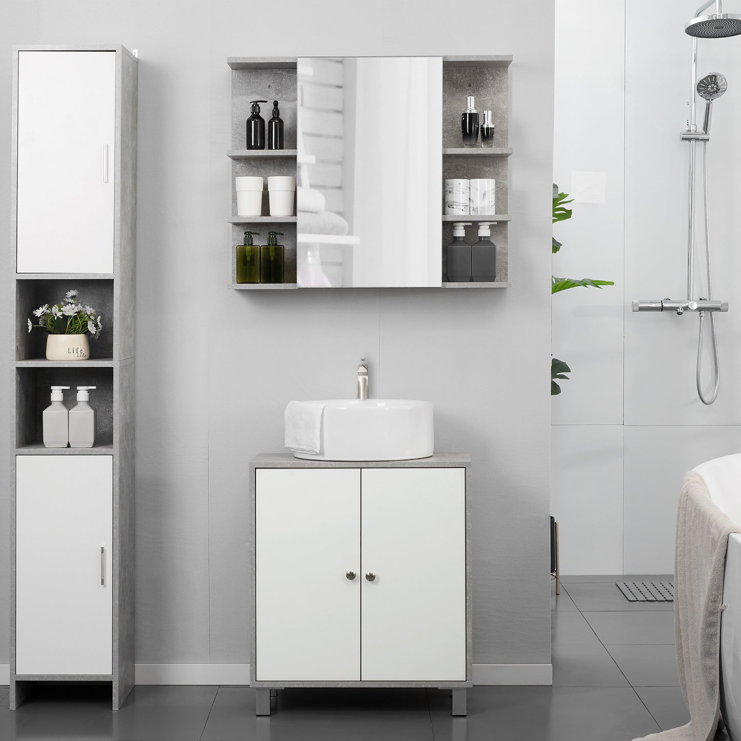 Lisa Keco Under Sink Vanity Storage Cabinet With Adjustable Shelves In White And Grey