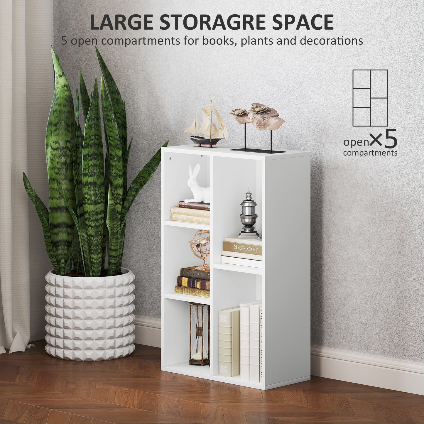 Sovi Wood White 2 Tier Bookcase With 5 Storage Compartments