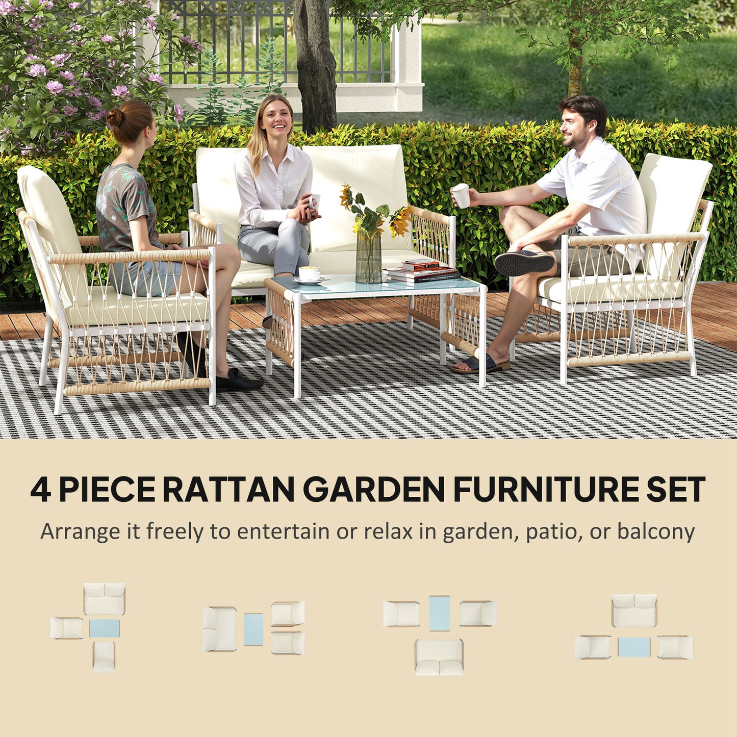 Comori Rattan Cream 4 Seater Outdoor Sofa Conversation Set With Glass Coffee Table