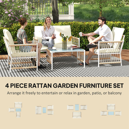 Comori Rattan Cream 4 Seater Outdoor Sofa Conversation Set With Glass Coffee Table