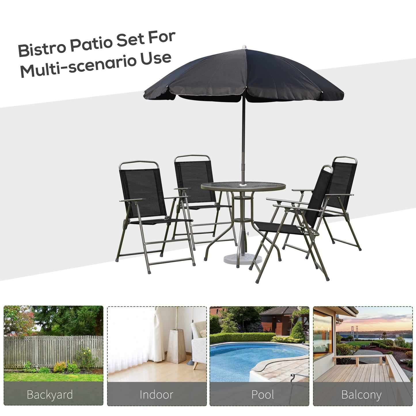 Jattare 4 Seater Metal and Mesh Black Garden Dining Set With Parasol Folding Chairs And Glass Table