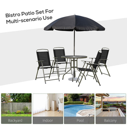Jattare 4 Seater Metal and Mesh Black Garden Dining Set With Parasol Folding Chairs And Glass Table