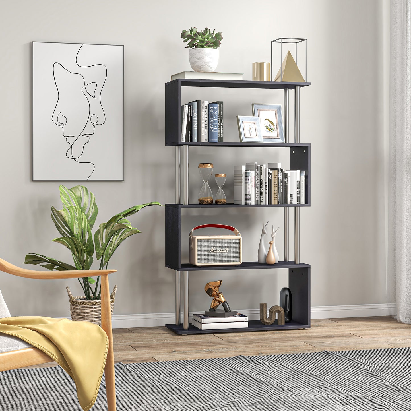 Fire Wood Black 5 Tier S ShaFauxd Freestanding Bookcase