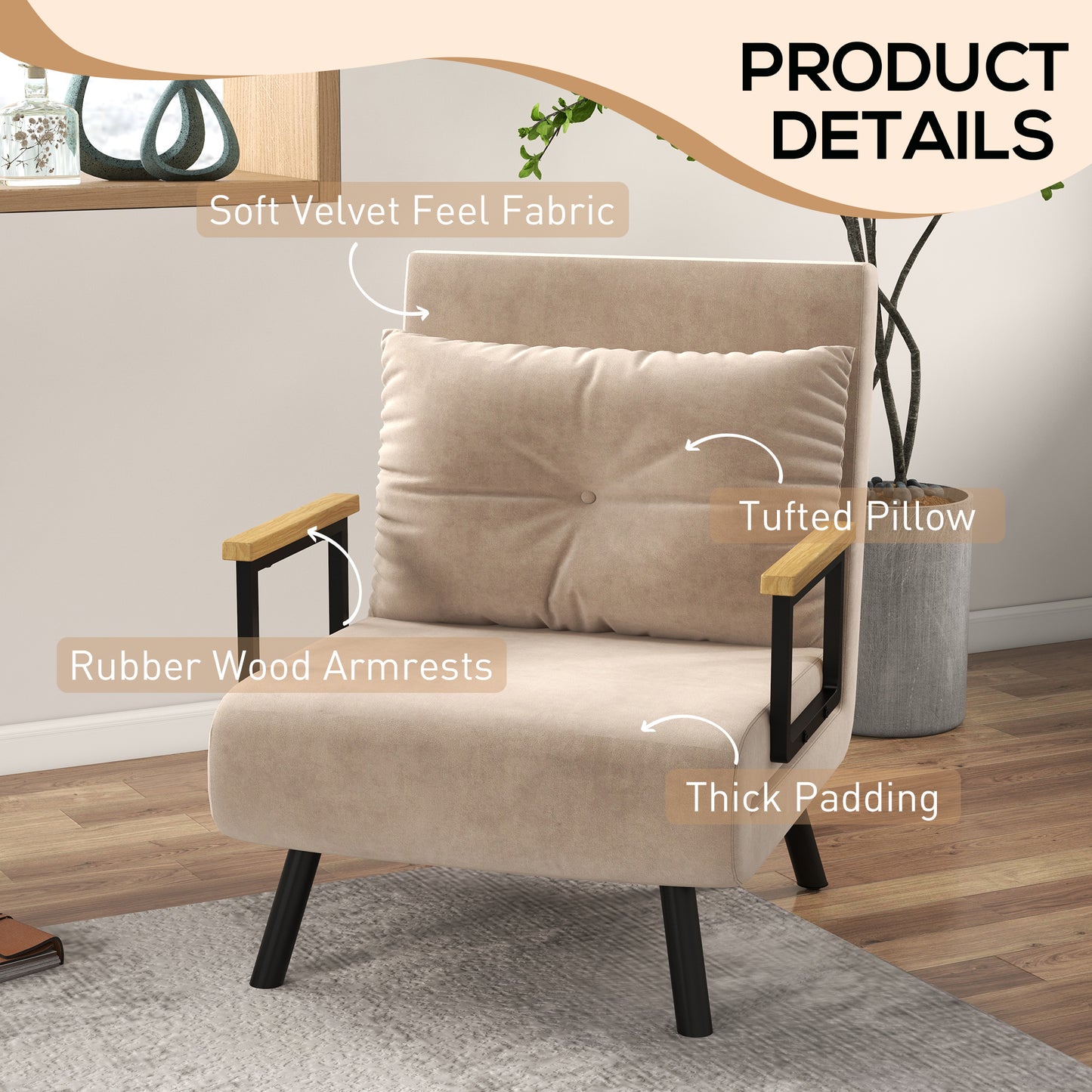 Elvael Velvet Beige 4 In One Convertible Single Chair Bed With Cushion