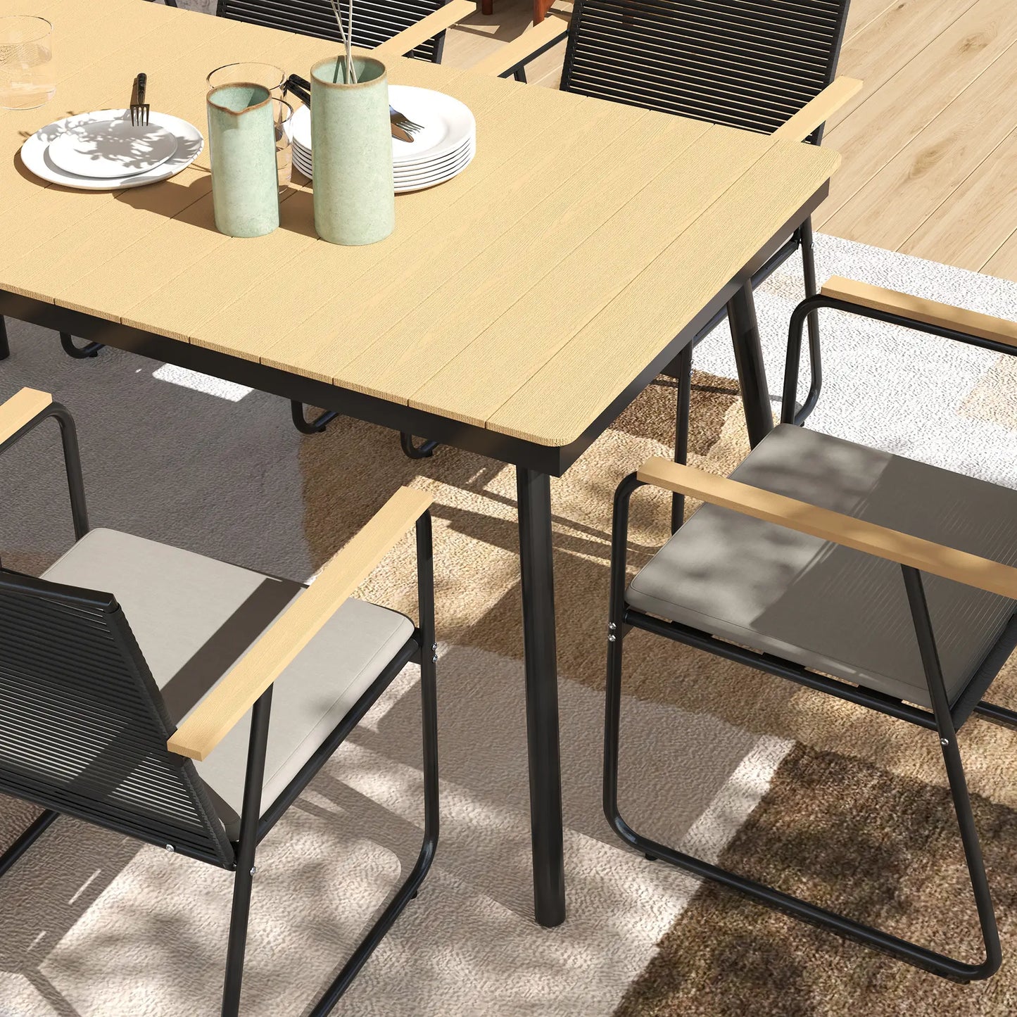 Karutte 6 Seater Garden Dining Set featuring Soft Cushions Rattan Backrest Rectangular Plastic Top Garden Furniture Set Outdoor Dining Table & Chairs for Patio Balcony Poolside Nature Wood Finish