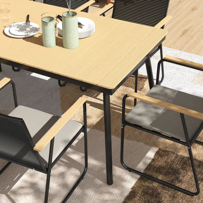 Karutte 6 Seater Garden Dining Set featuring Soft Cushions Rattan Backrest Rectangular Plastic Top Garden Furniture Set Outdoor Dining Table & Chairs for Patio Balcony Poolside Nature Wood Finish