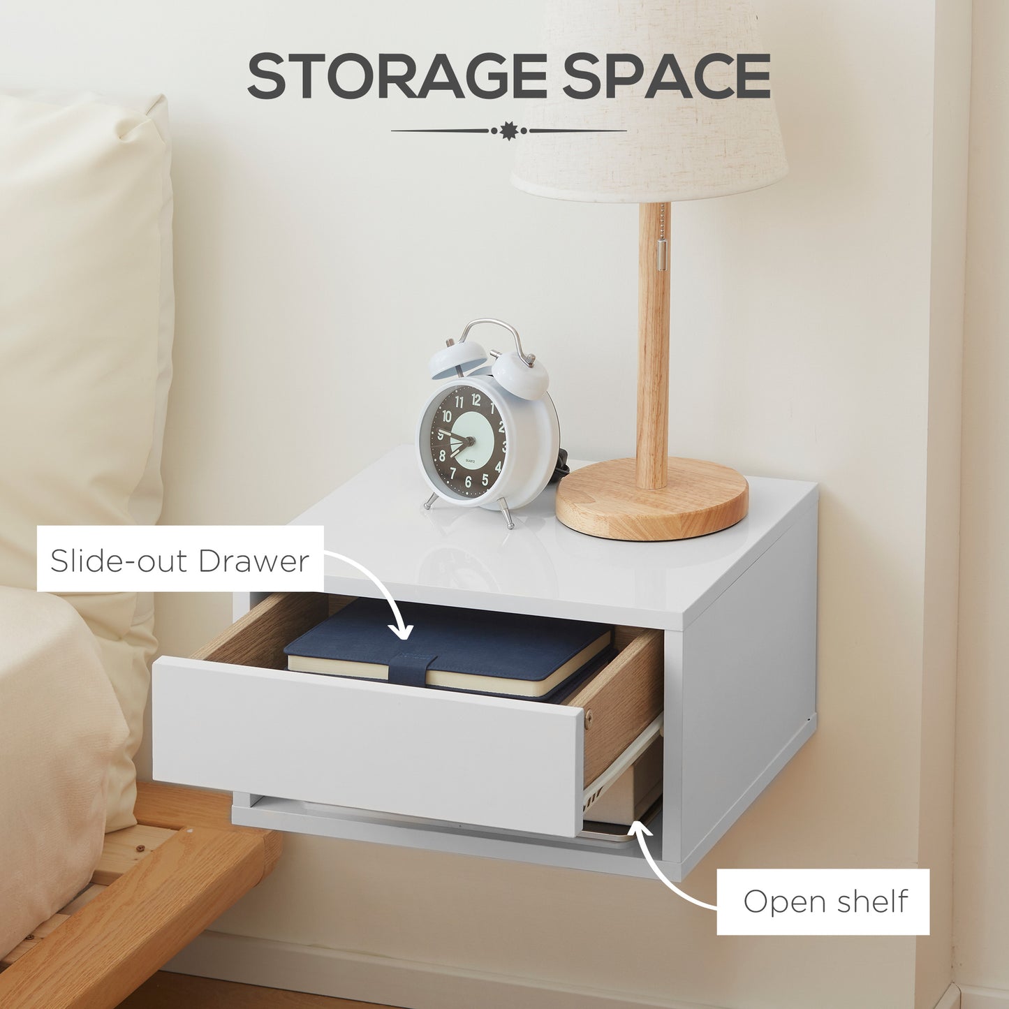 Veve Set Of 2 High Gloss White Floating Bedside Tables with Drawer and Shelf