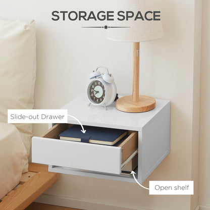 Veve Set Of 2 High Gloss White Floating Bedside Tables with Drawer and Shelf