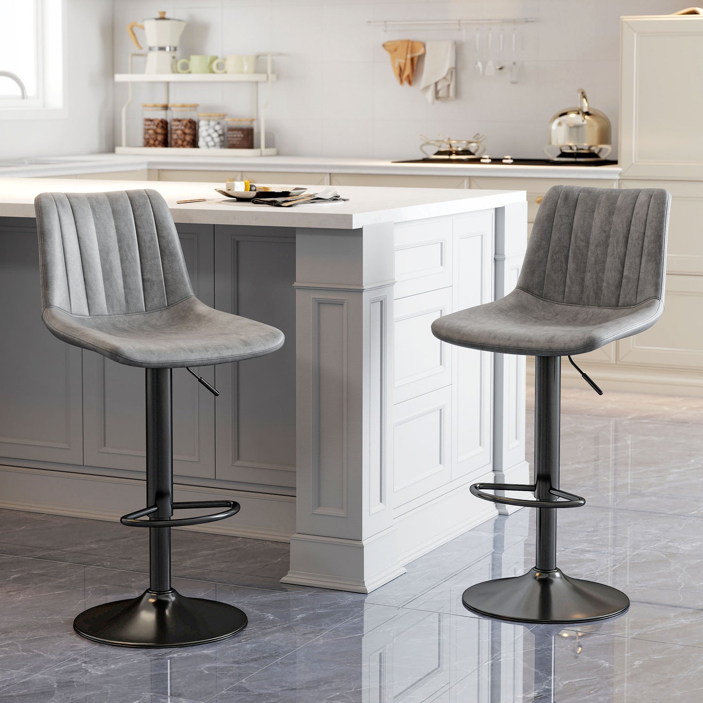 Doneha Faux Leather Grey Adjustable Breakfast Bar Chairs Set Of 2 With Upholstered Seats