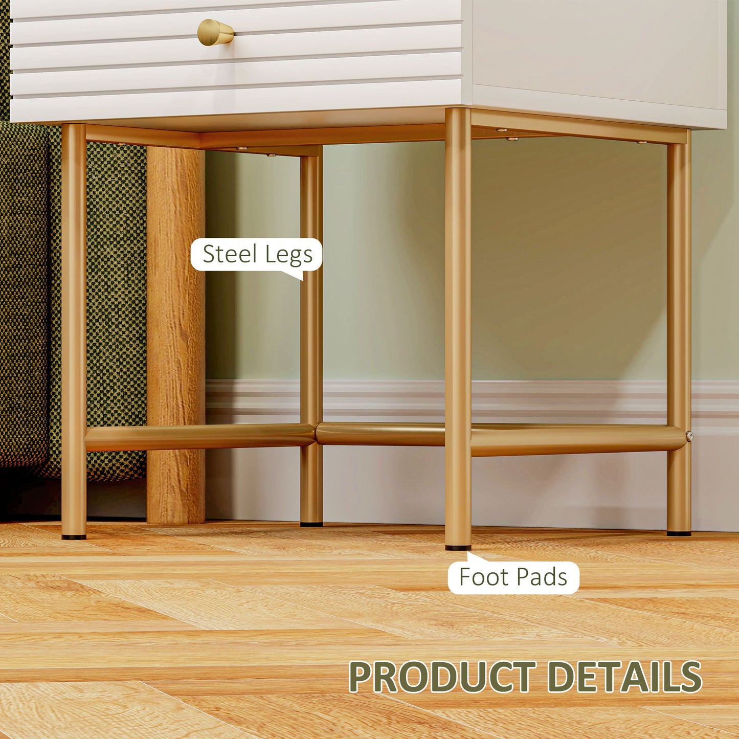 Satosu Set Of 2 White And Gold Elegant Bedside Tables with Ribbed Drawers