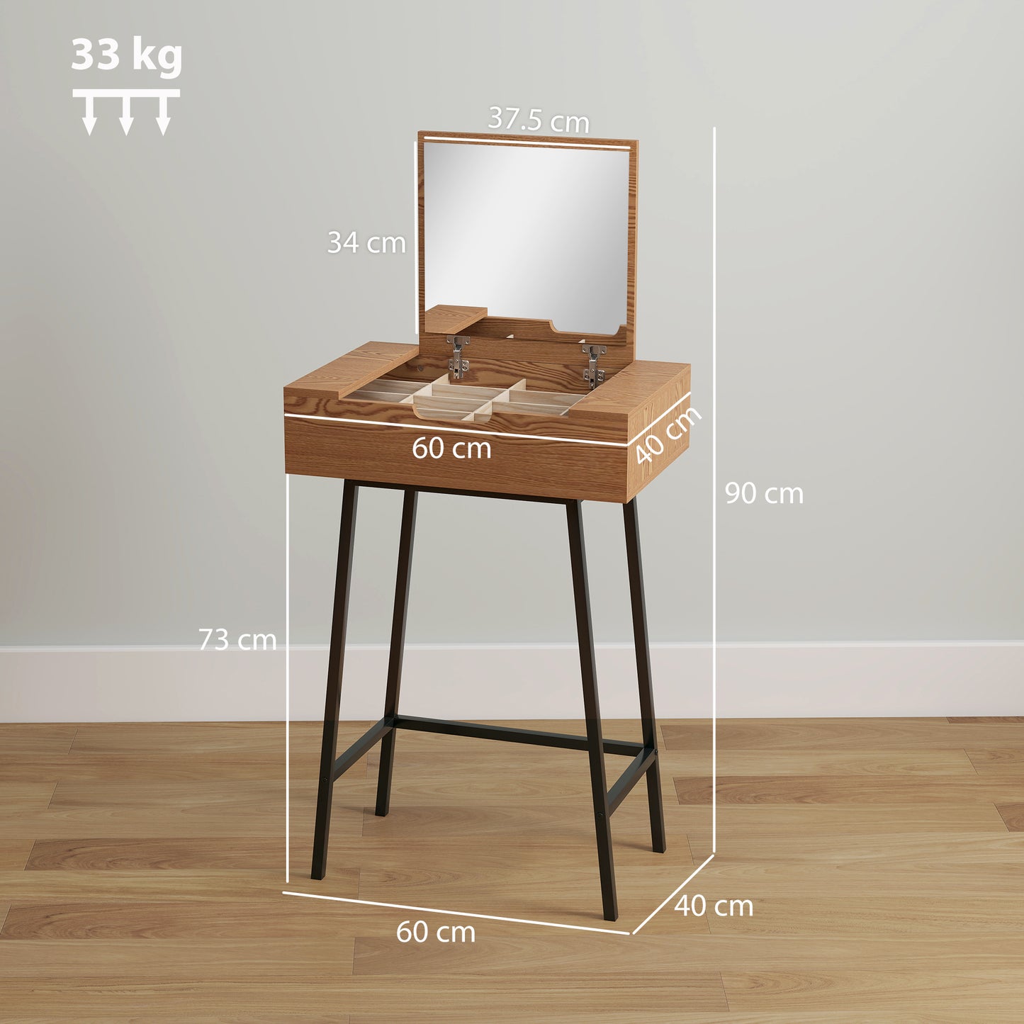 Fino Leri Natural Wood Industrial Vanity Desk With Flip Up Mirror And 6teen Storage Compartments