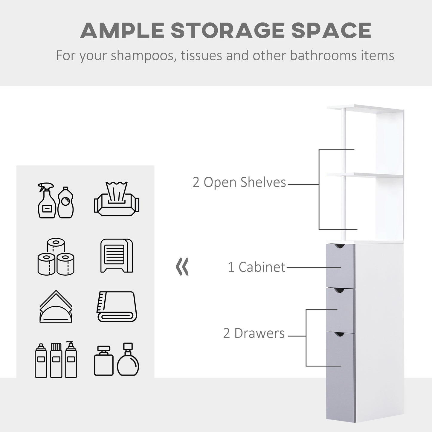 Nenero Tall Freestanding Bathroom Storage Cabinet With Shelves And Drawers White And Grey