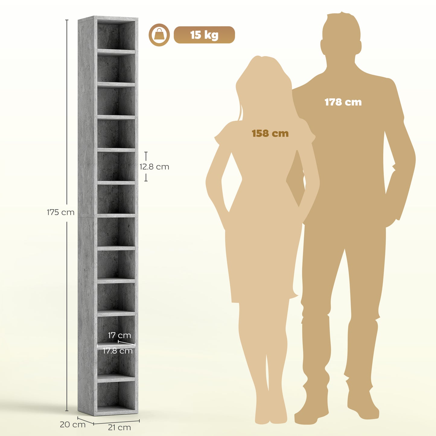 Loli Wooden Cement Grey Tall Narrow Media Storage Tower With 204 Disc Capacity