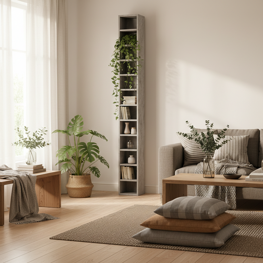 Loli Wooden Cement Grey Tall Narrow Media Storage Tower With 204 Disc Capacity