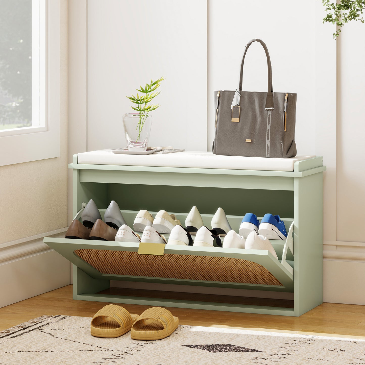 Rikena Coyo Wooden Light Green Boho Style Shoe Bench With Cushioned Seat And Flip Drawer